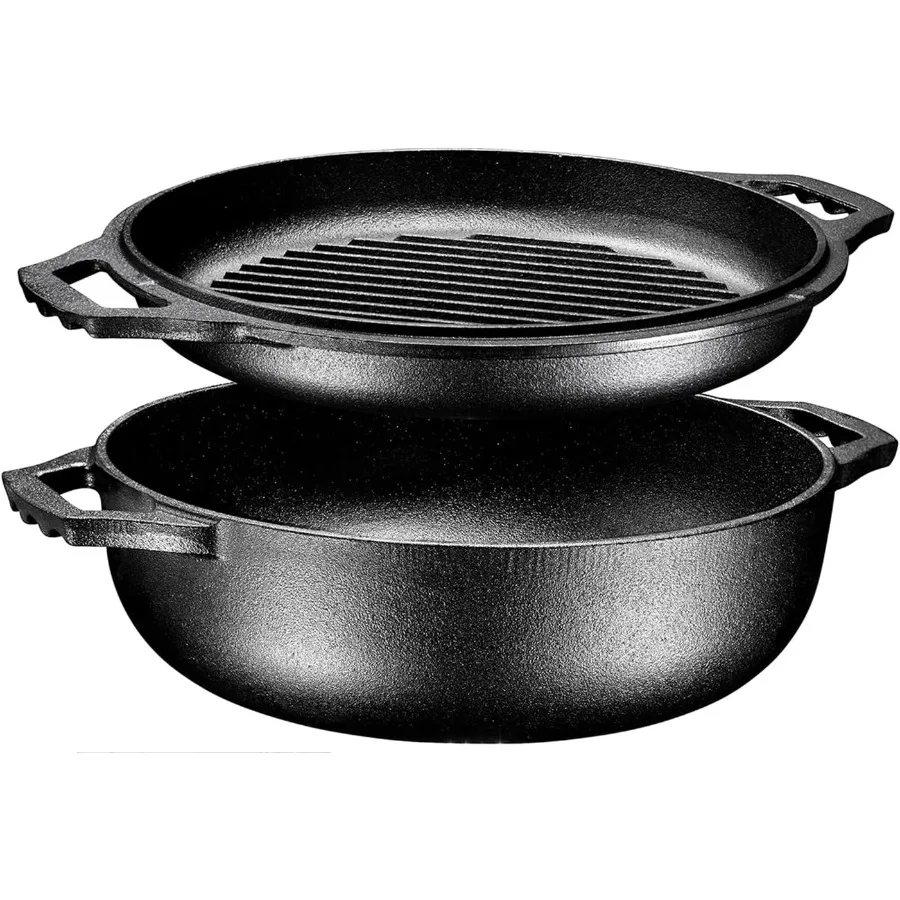 

2-in-1 Pre-Seasoned Cast Iron Dutch Oven with Grill Lid 3.3 Quart - Cocotte Dutch Oven Pot and Braiser Pan with Lid and Dual Ha
