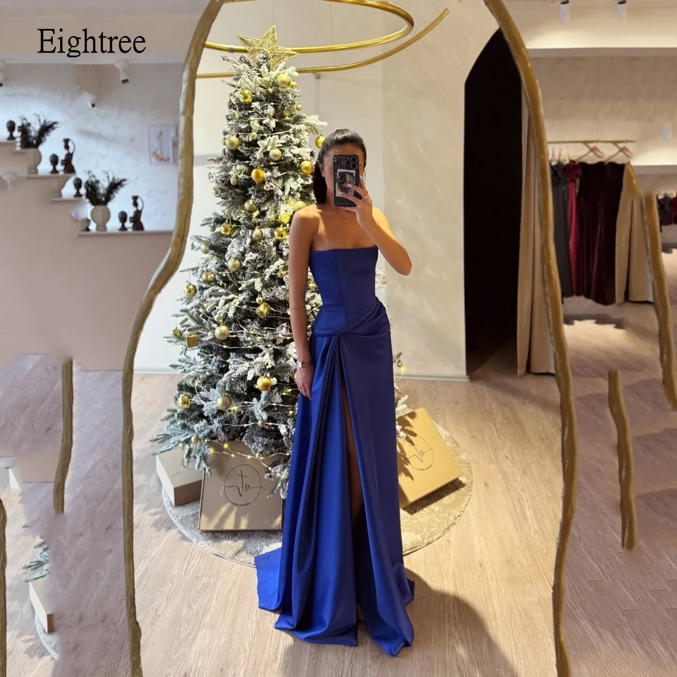 Eightree Royal Blue A Line Formal Prom Gowns Strapless Evening Dress Stain Side Slit Floor Length Party Dresses Customized