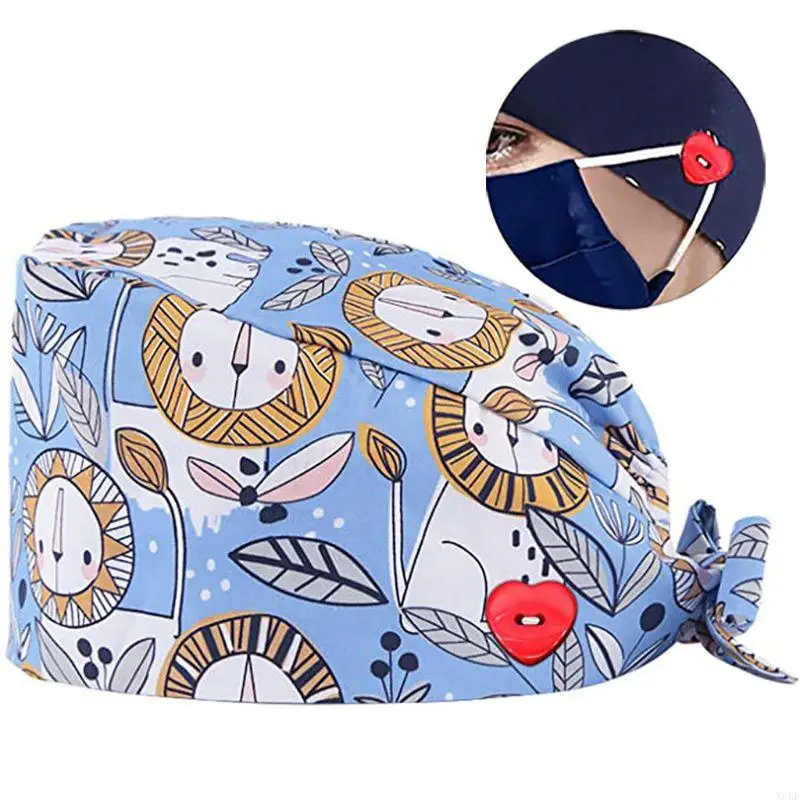 N5KE Doctor enfermera gorro exfoliante con botón corazón soporte para máscara gorro bouffant dibujos animados