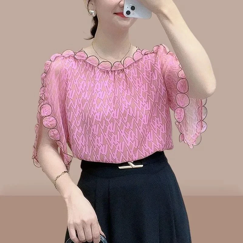 Summer Sweet Ruffles Printing Elegant Fashion Blouse Women Short Sleeve Loose Casual Pullover Blouse Female Casual All-match Top