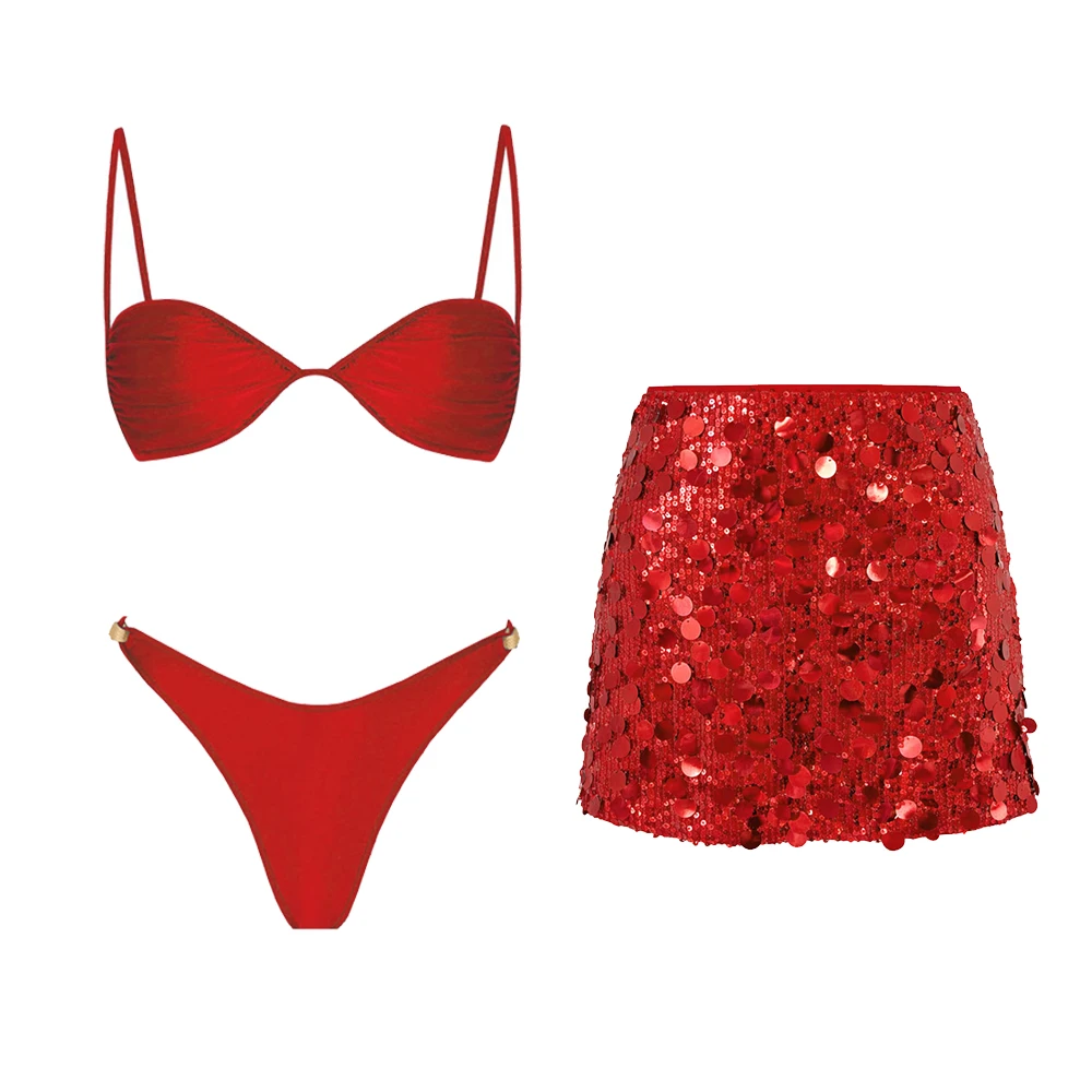 

Shiny Sexy Micro Biquini With Short Skirt Women 3Pcs Swimsuit Fashion Strappy Bikini Lady Swimwear Bathing Suit Female Beachwear