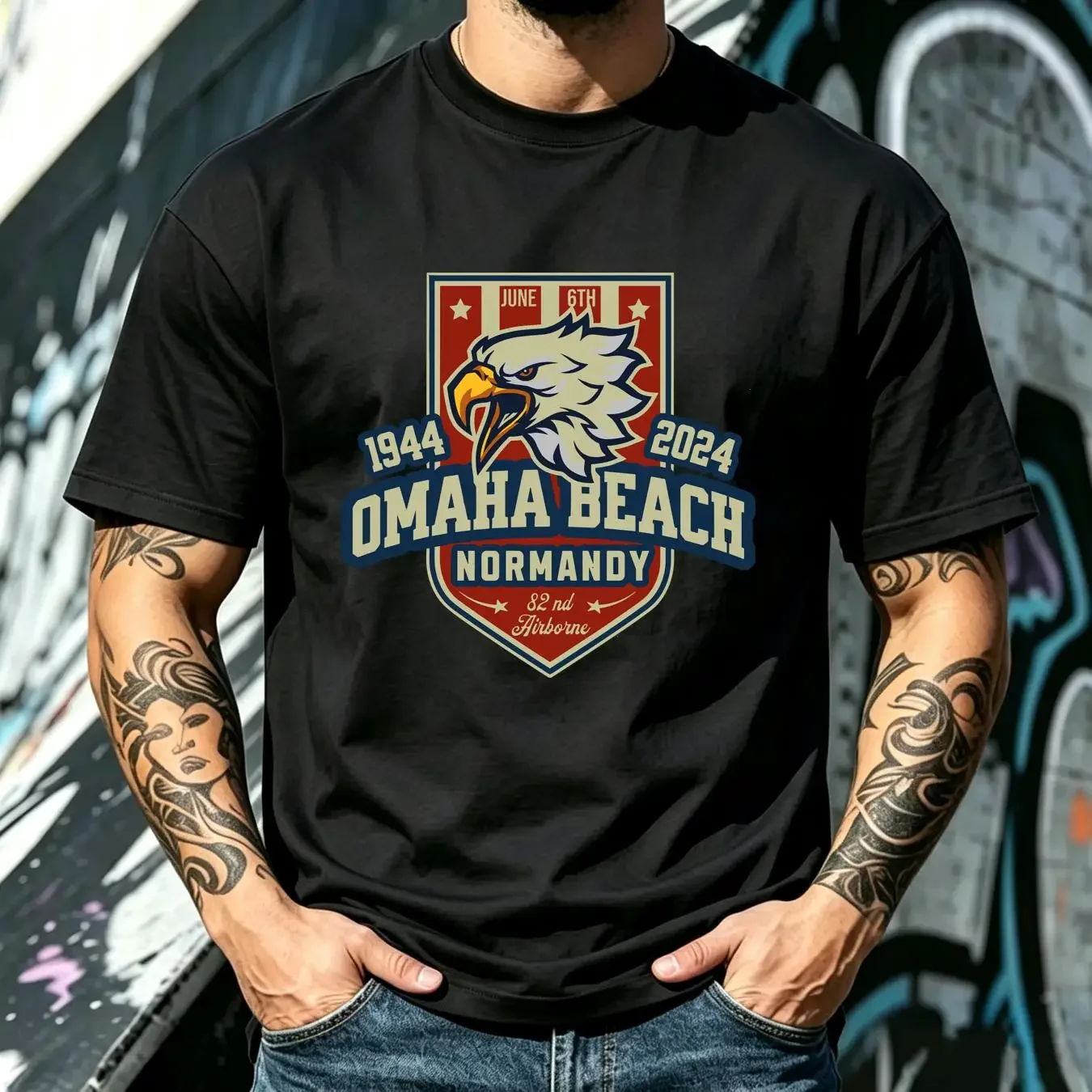 washed T Shirt Omaha Beach Normandy 1944 2024 Eagle Men's long or short sleeves vintage Washed streetwear fashion Breathable