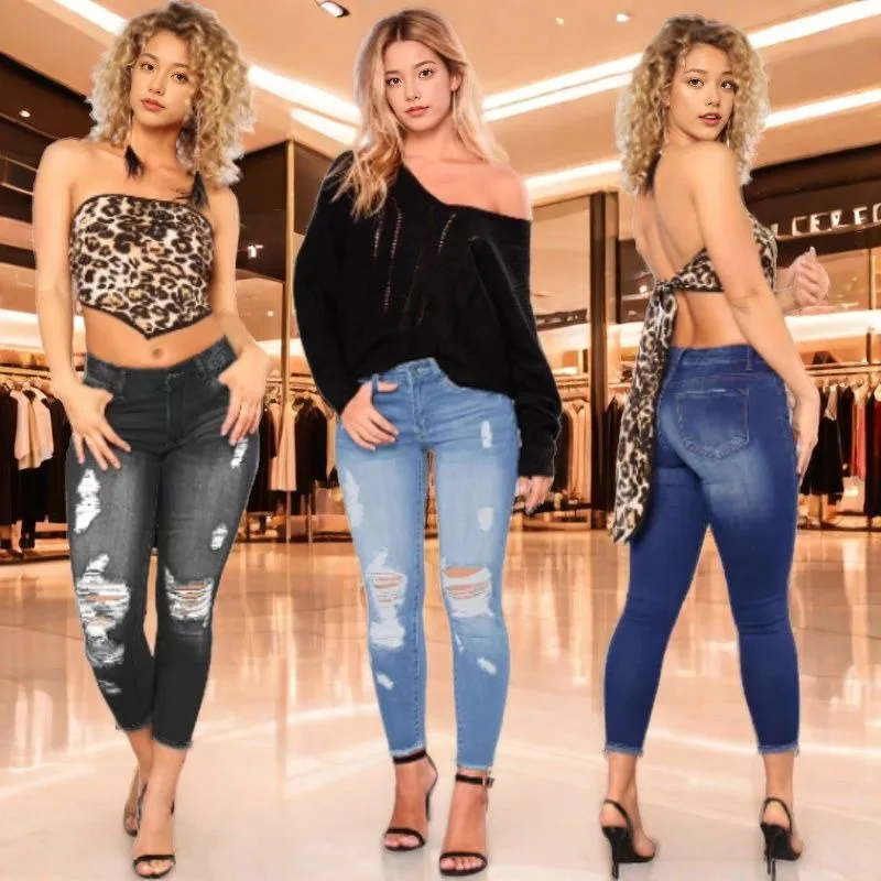 Europäische und amerikanische neue Jeans für Damen, zerrissene, elastische, hoch taillierte, kleine Füße, kurze, grenzüberschreitende, schmale, kurze Bleistifthose