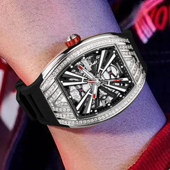 I&W Мужские автоматические часы 43 мм Tonneau Механические наручные часы 5ATM Водонепроницаемые светящиеся скелетон X циферблат Цирконовый безель I&W Мужские автоматические часы 43 мм Tonneau Механические наручные часы 5ATM Водонепроницаемые светящиеся скелетон X циферблат Цирконовый безель