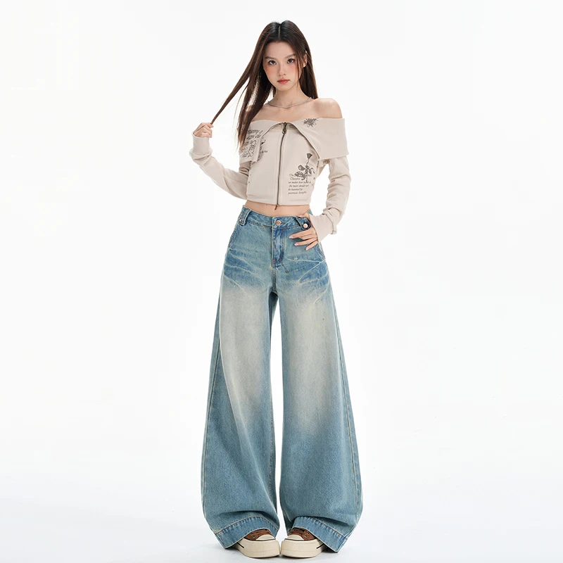 Calças de brim retas femininas confortáveis lazer cintura alta perna larga calças jeans soltas rua hip hop estilo moda