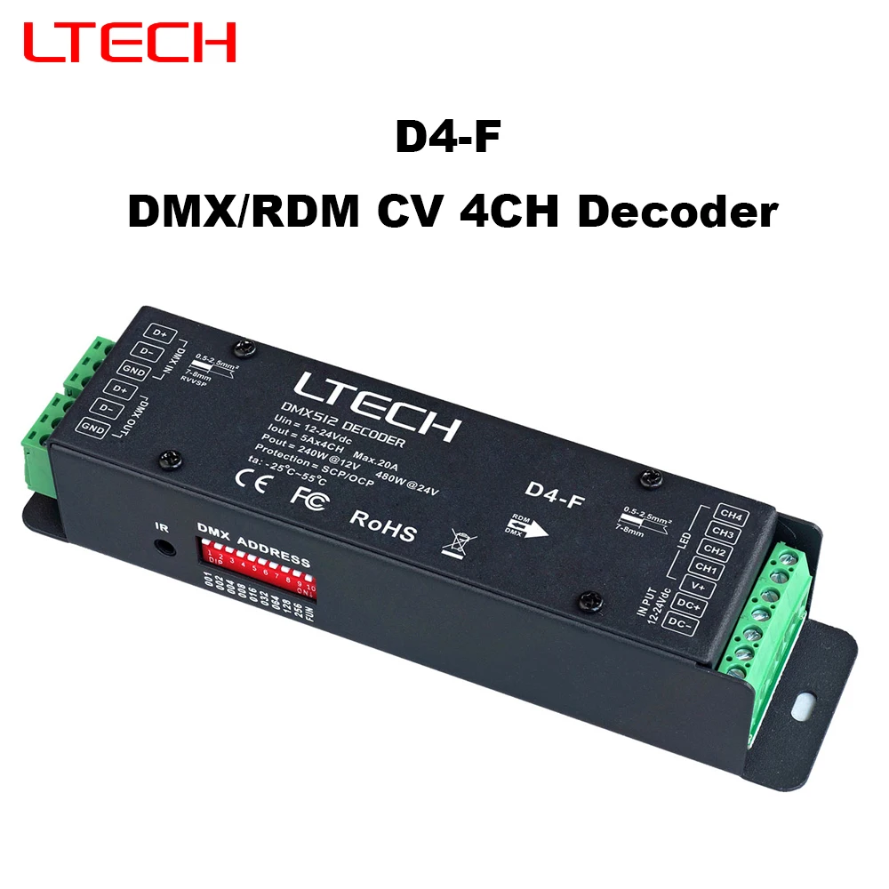 LTECH DMX512 / RDM 4 Channel CV Constant Voltage Decoder D4-F DC12-24V 6A/CH 24A(4CH) LCD Display DMX512 Slave Green Terminal
