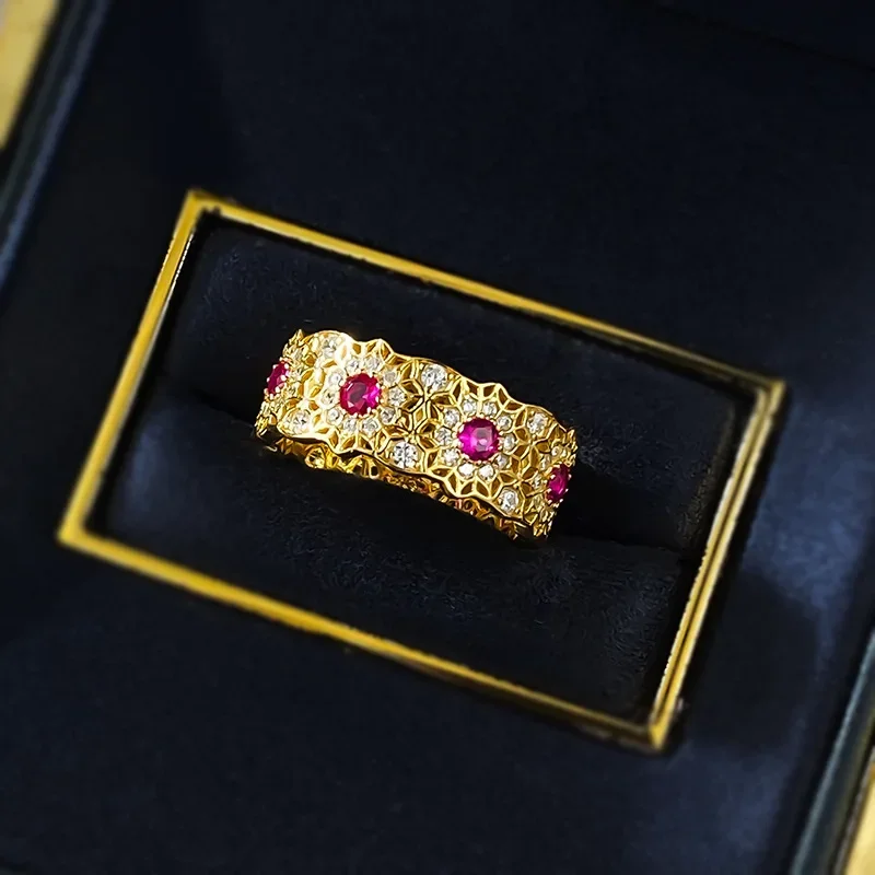 

New S925 Silver Exquisite Red Diamond Hollow Pattern Ring With Gold Retro New Chinese Style Jewelry