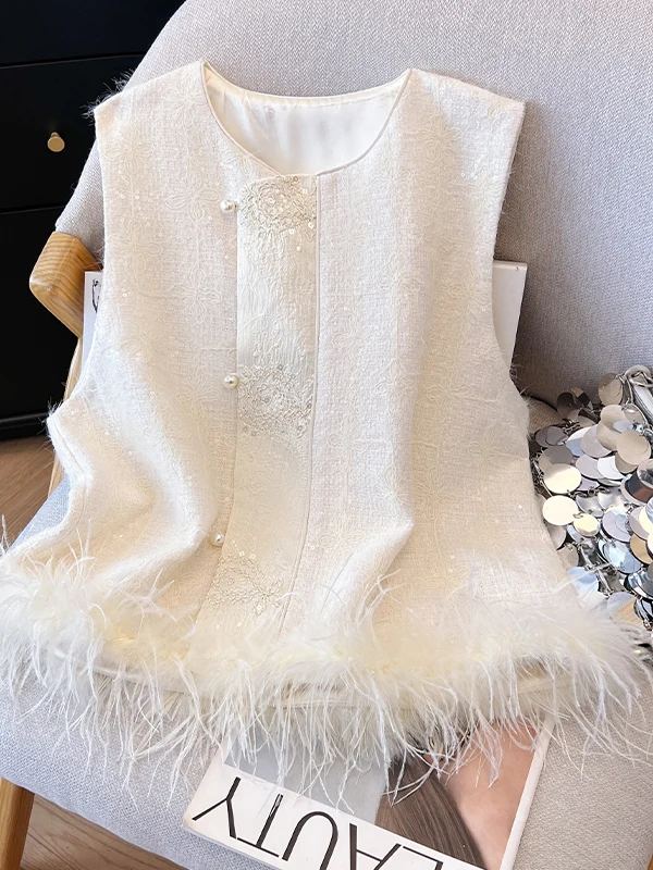 جديد الصينية Sle المرأة Jaet سترة iny الترتر مقلد ريش النعام ضوء الفاخرة الخريف أعلى جولة Ne زر واحد