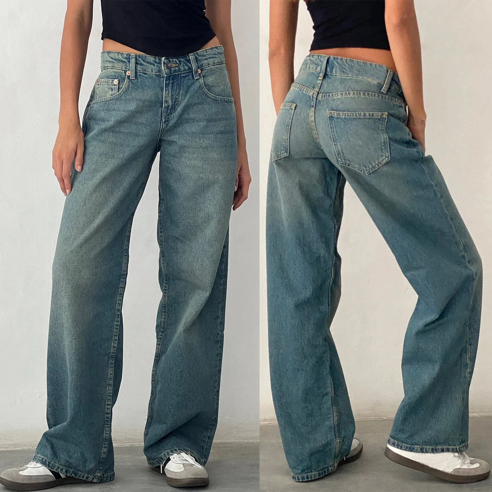 Women's Y2K Wide Leg Denim Pants Baggy Low Waist Wide Leg Boyfriend Jeans Casual Vintage Loose Jeans Streetwear Spring Pants