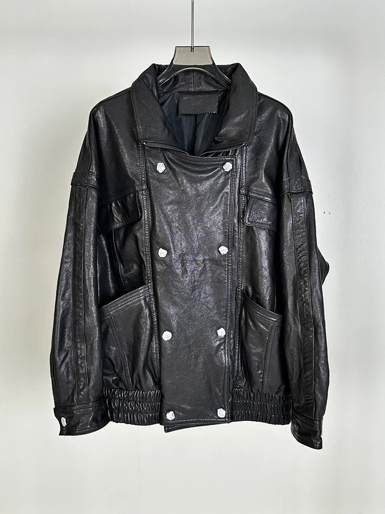 Faionable véritable eepskin cuir Jaet ample mi-long moto manteau Bla automne nouveauté femmes Premium cuir manteau