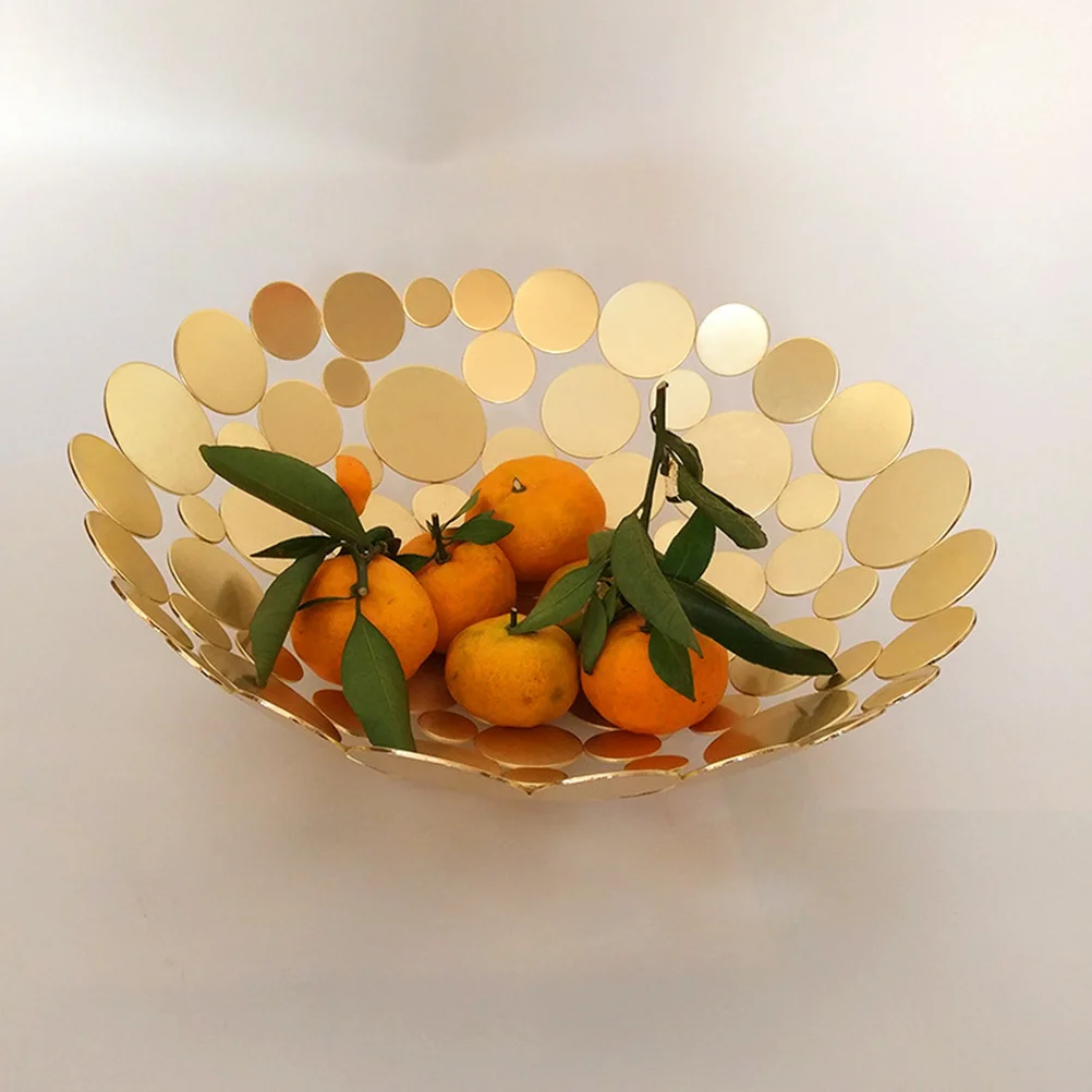 Fruit Basket Bread Iron Plate Storage Baskets Vegetable Holder Dish Golden Hollow Round