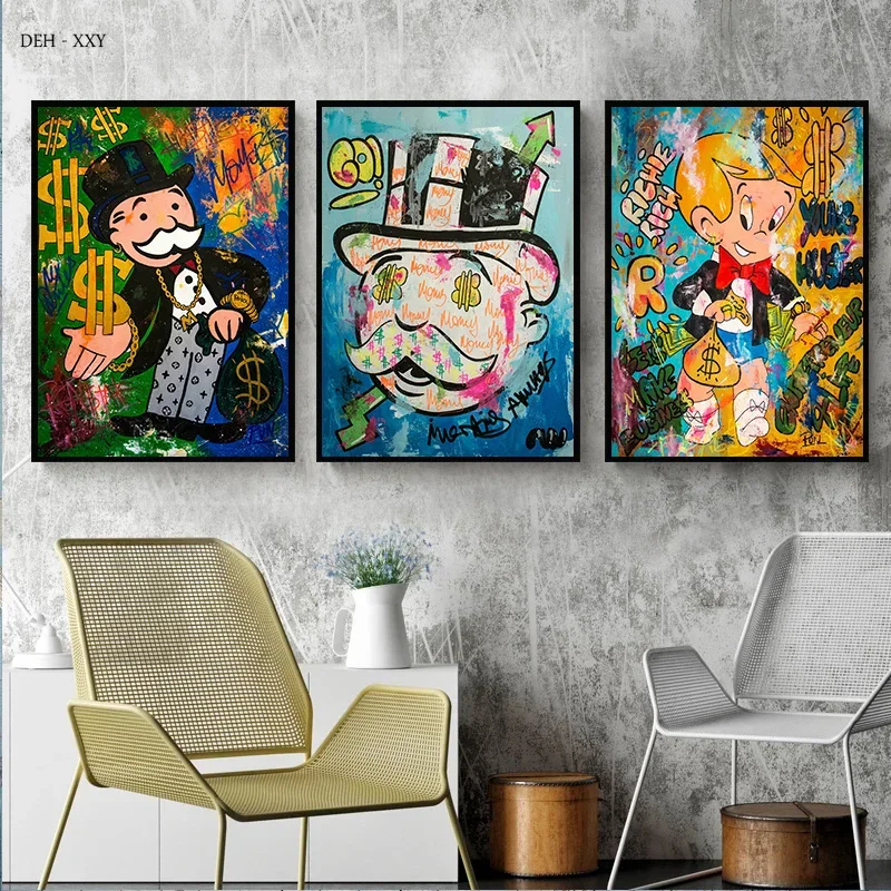 Street Graffiti Monopoly Art Canvas Painting Richie Rich Kids Monopoly Dollars Money Wall Art Posters Catoon Picture Home Decor