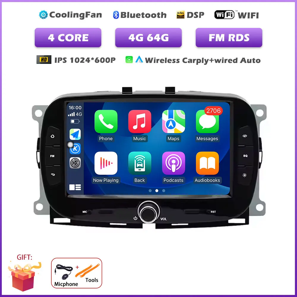 Carplay Android 16 Auto autoradio voor Fiat 500 2016-2019 multimediaspeler met BT stereo, GPS navigatie en FM
