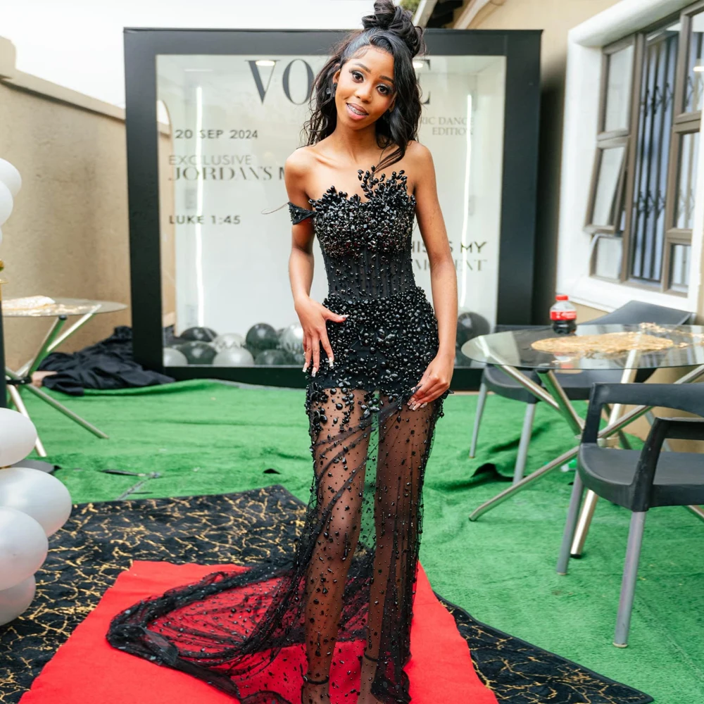 

Beading Black Cocktail Party Dresses One Shoulder Luxury Evening Gowns Sweep Train Illusion Tulle Birthday Dress Customized