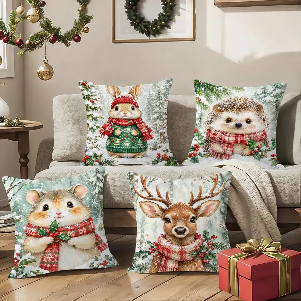 Winter Woodland Companions Cushion Cover 1/4Pcs Soft Plush Cushion Case Throw Pillowcase Cozy Home Sofa Bed Living Room Decor