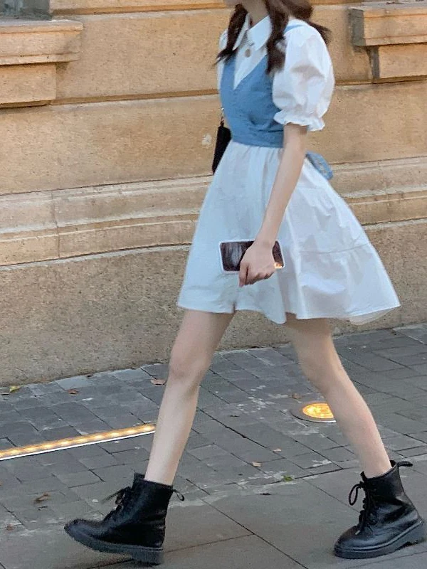 Korean Style College Wind Denim Strap Vest Design Sensation Small Outerwear Shirt Dress Two Piece Set Women Summer