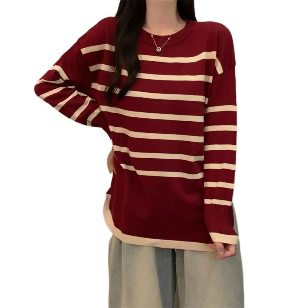 Camiseta informal de manga larga a rayas con cuello en V para mujer, Jersey de punto de retales Y2k ajustado, camiseta a rayas con solapa