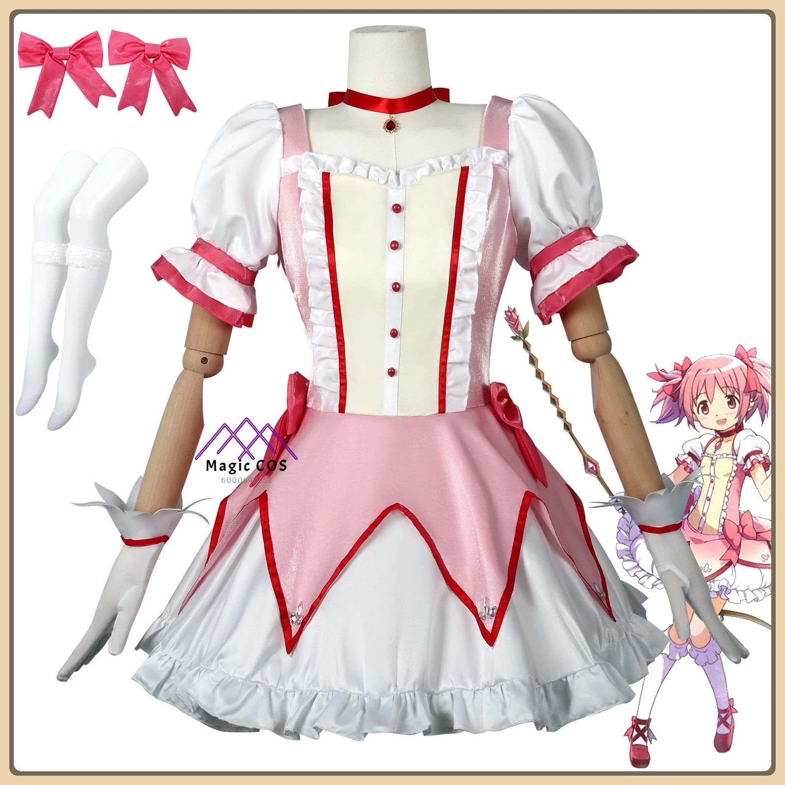 

igh - quality Puella Magi Madoka Magica Madoka Kaname Cosplay Battle Outfit Exquisite Lace - trimmed Design and Star-moon Brooch