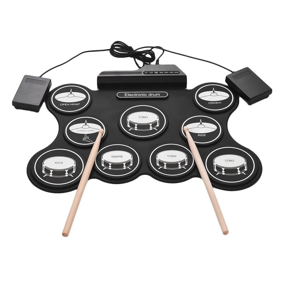 

Portable USB Roll Up Drum Kit Digital Electronic Drum Set 9 Silicon Drum Pads with Drumsticks Foot Pedals for Beginners Children