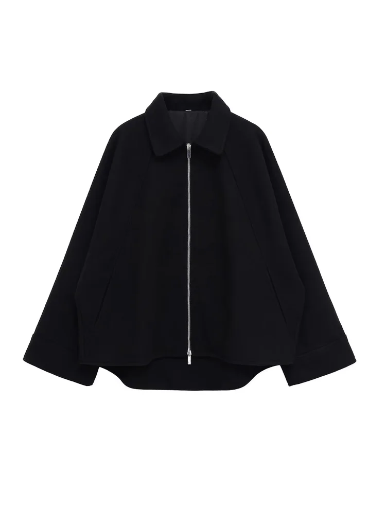 

Женская асимметричная шерстяная куртка, свободное пальто с длинным рукавом, молния спереди, воротник с лацканами, шикарная верхняя одежда, модные топы