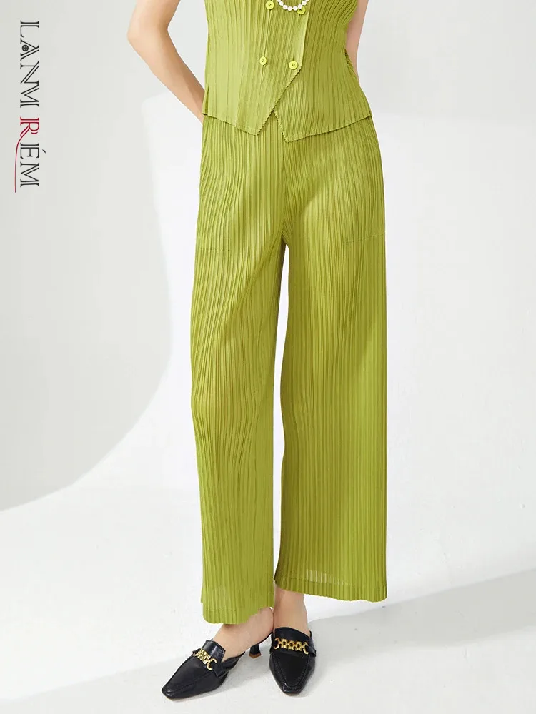 

LANMREM Pleated Pants For Women Elastic Waist Wid Leg Loose Trousers Female Casual Clothing 2024 Spring Summer New 2DA4127