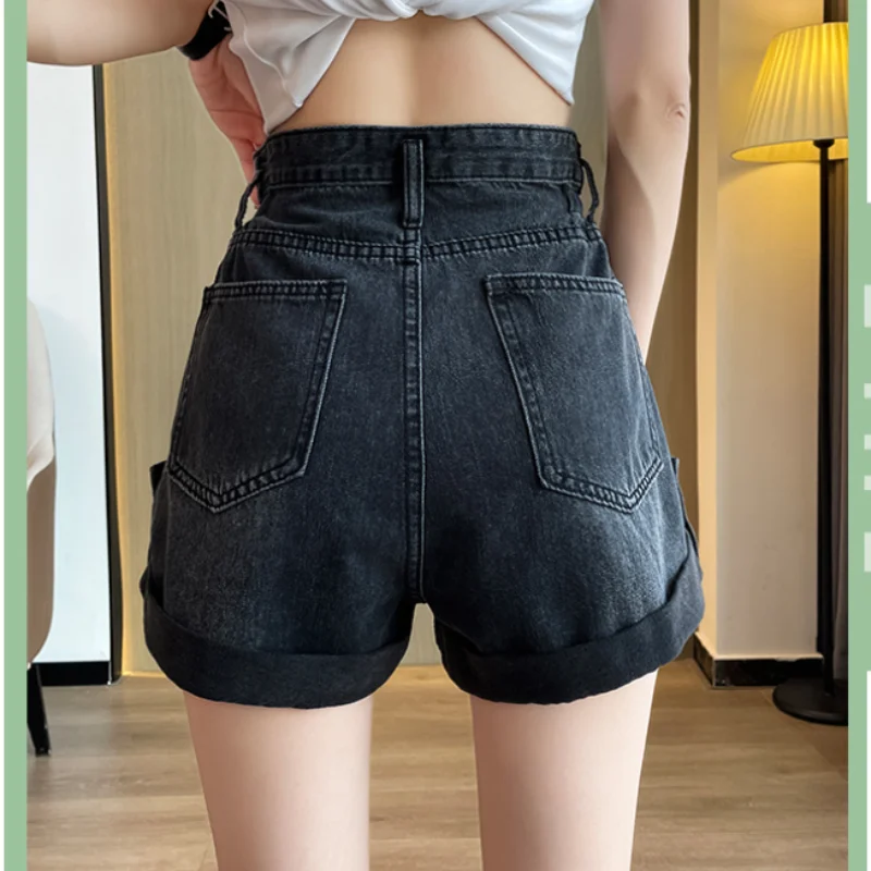 Women\'s Cycling Shorts Retro Pull-edge Denim Korean Version Summer Fashion High Waist Slimming Design Wide-leg A-line Pants Ins