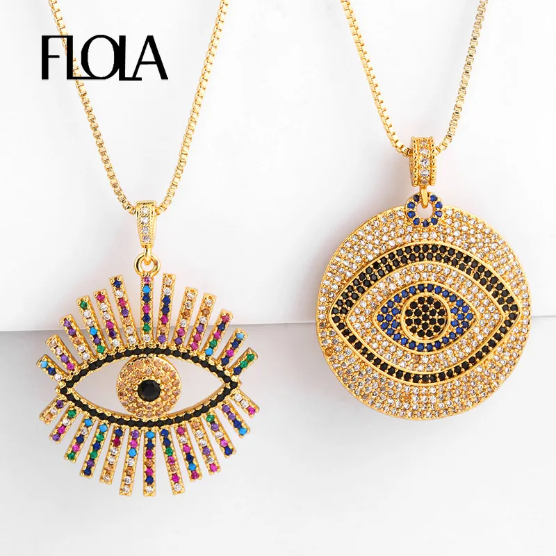 FLOLA Gold Plated Greek Eye Necklace For Woman Zirconia Evil Eye Pendant Necklace CZ Rainbow Jewelry collar de ojo turco nkep47