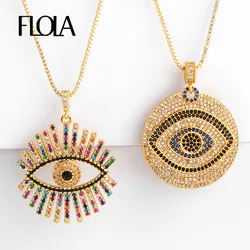 FLOLA Gold Plated Greek Eye Necklace For Woman Zirconia Evil Eye Pendant Necklace CZ Rainbow Jewelry collar de ojo turco nkep47