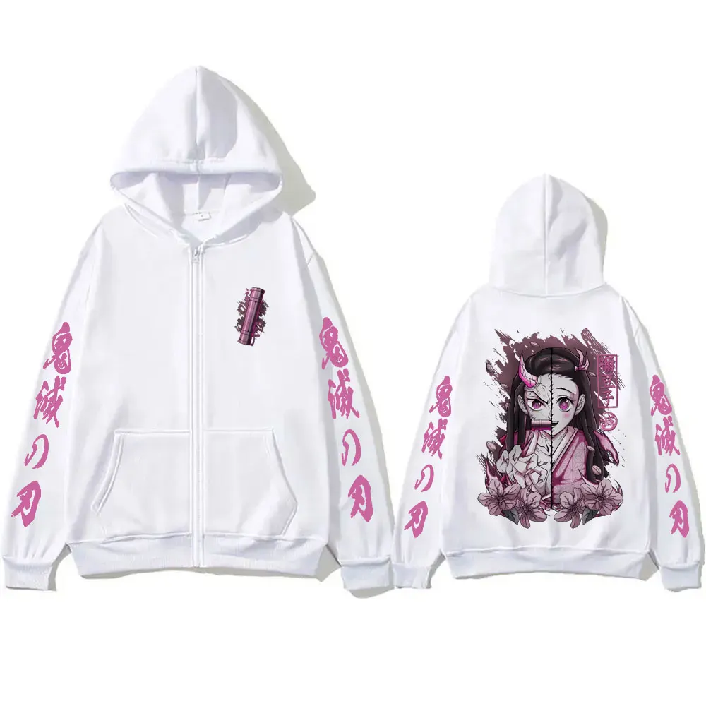 Anime Demon Slayer Kamado Nezuko Merch Zipper Hoodie Men Women Casual Oversized Zip Up Jacket Cartoon Manga Cosplay Streetwear