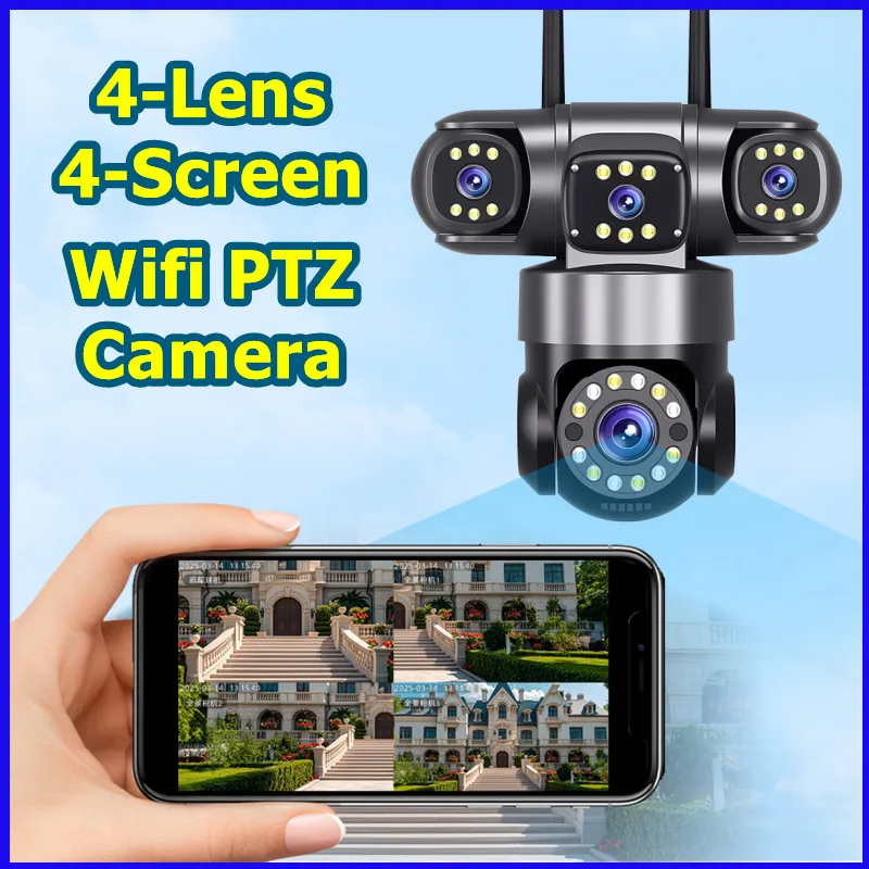 

10K 20MP домашняя охранная уличная Wi-Fi камера 4 объектива 4 экрана 360 ° 16-кратный зум CCTV Беспроводное наблюдение PTZ-камера Защита безопасности