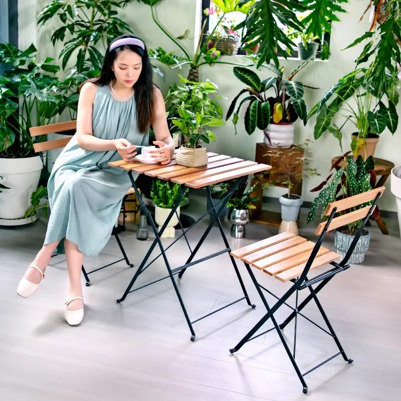 Solid Wood Foldable Balcony Table Chair Outdoor Garden Leisure Coffee Table Chair Combination Garden Sets
