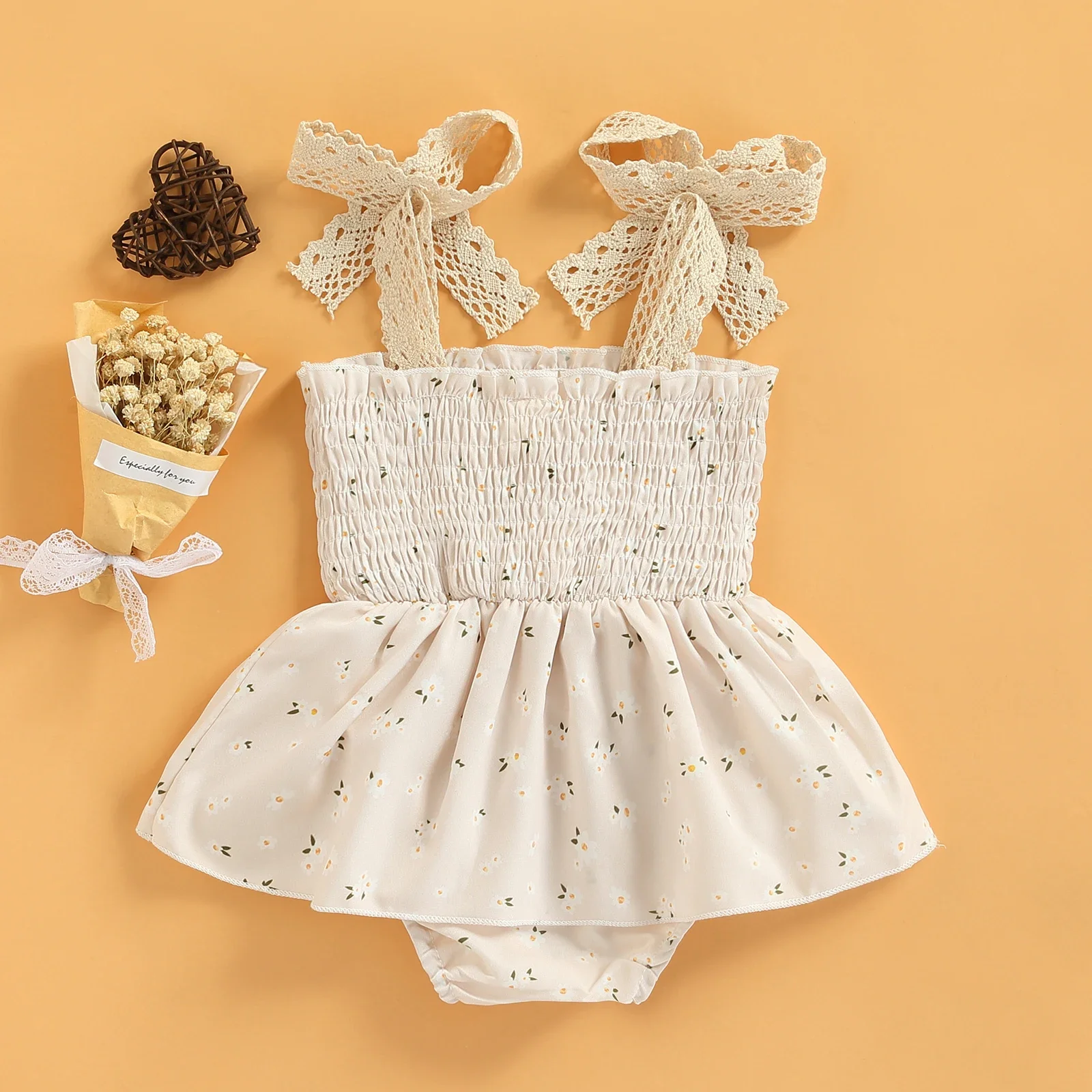 Baby Girl Floral Elastic Jumpsuits - Sleeveless Square Neck A-line High Waist Bodysuit.