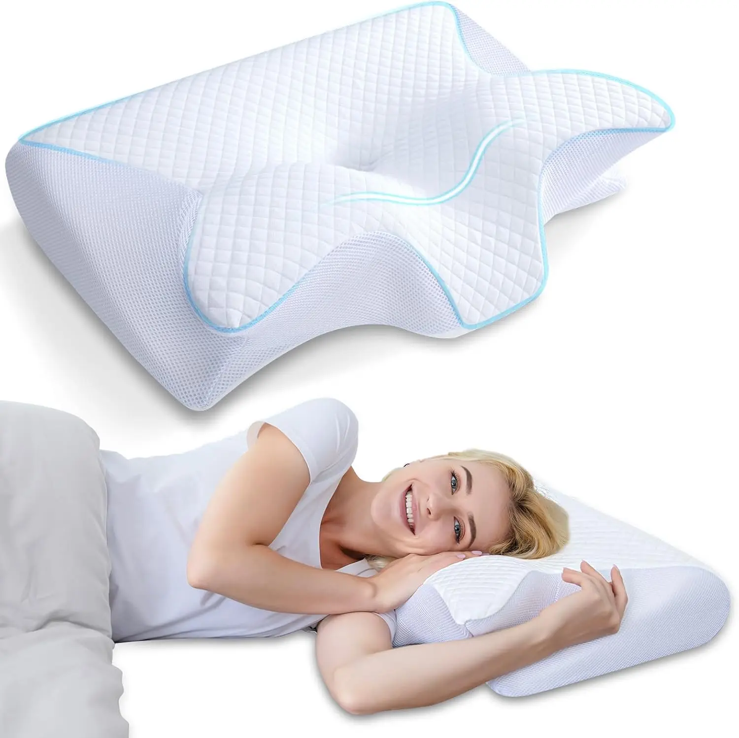Almohada Cervical 2 en 1, Almohada Ergonómica de Espuma Viscoelástica para Soporte de Cabeza/Cuello/Hombro, Relajación