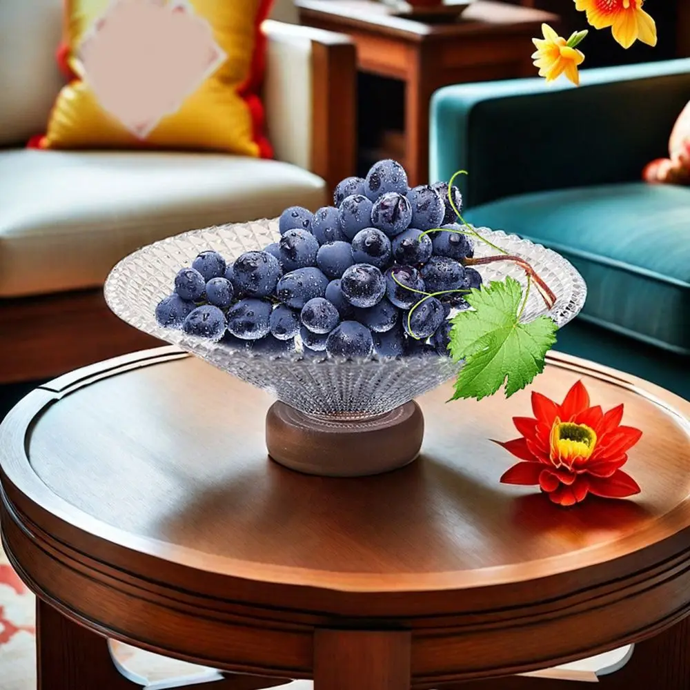 

Exquisite Transparent French Glass Berry Tray Large Capacity Wood Base Crystal Snack Platter Decorative Fruit Plate Tea Table