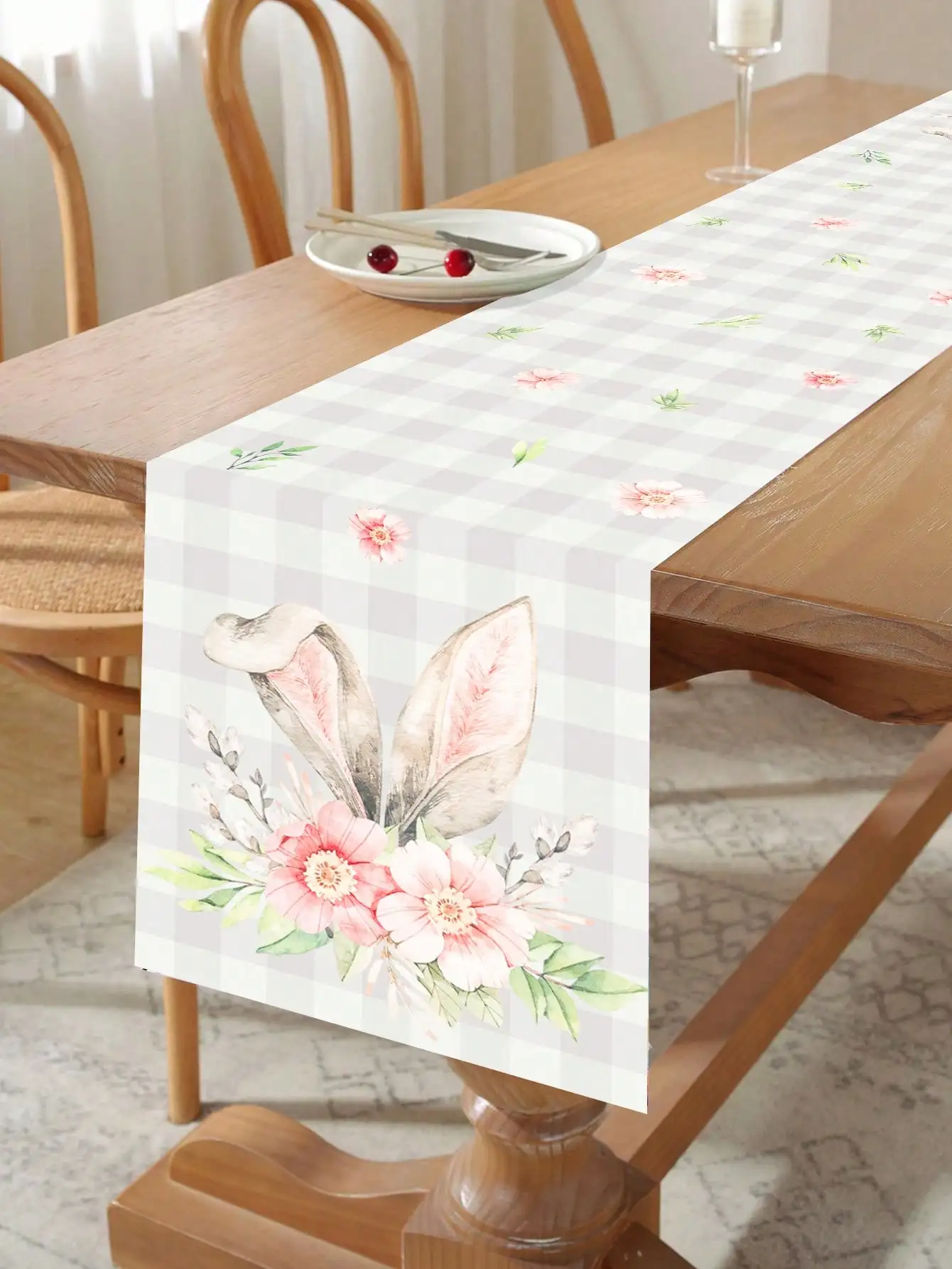 1-teiliger Tischläufer mit frischem Karomuster und Blumenmuster, Esstischdekoration im pastoralen Stil, langer Tischläufer, Tischläufer für Ostern, Tischdekoration mit Frühlingsraffung