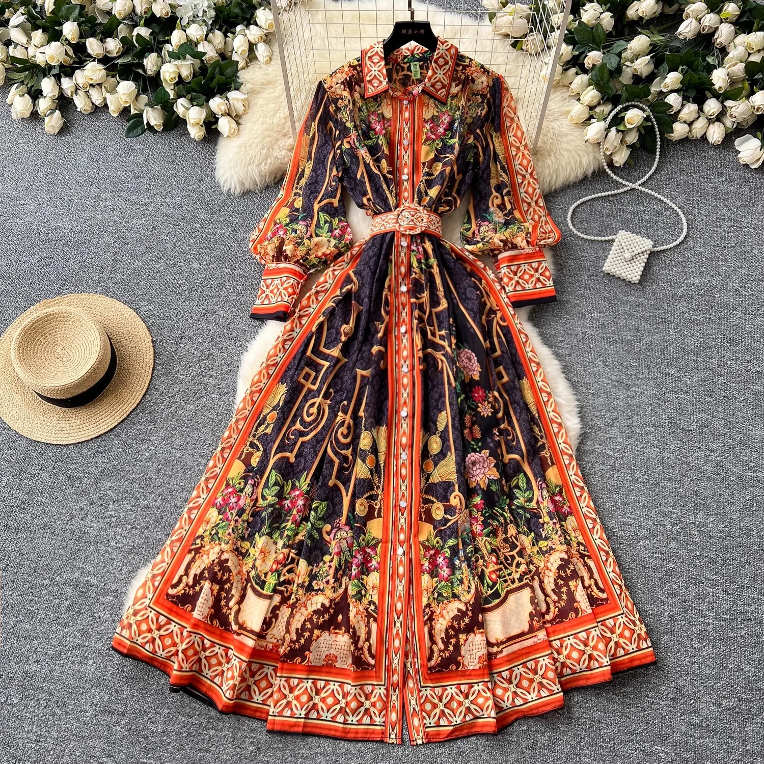 Summer Holiday Flower Boho Robe Dress Women's Lapel Lantern Sleeve Belt A-Line Beach Party Vestido Pearl Buttons Up Maxi Clothes
