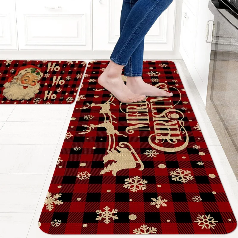 Merry Christmas kitchen floor mat 2-piece set red Buffalo Grid decorative outdoor door mat 20inx31in 18inx47in