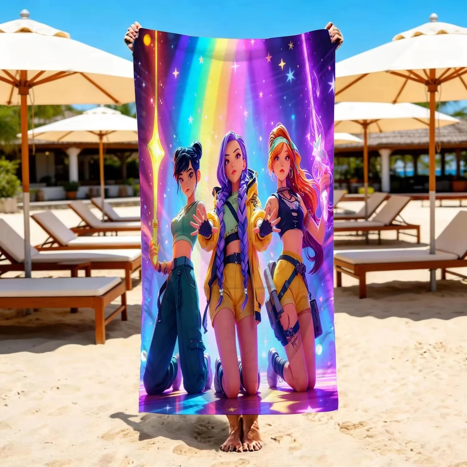 Toalla de playa con estampado de arcoíris del grupo de chicas de anime, toalla de baño extragrande de microfibra suave de secado rápido para playa, piscina y viajes