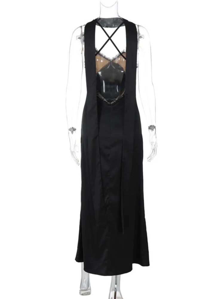 Mozision Halter V Neck Sexy Maxi Dress Women Fashion Hollow Out Spaghetti Strap Sleeveless Backless Bodycon Elegant Long Dress