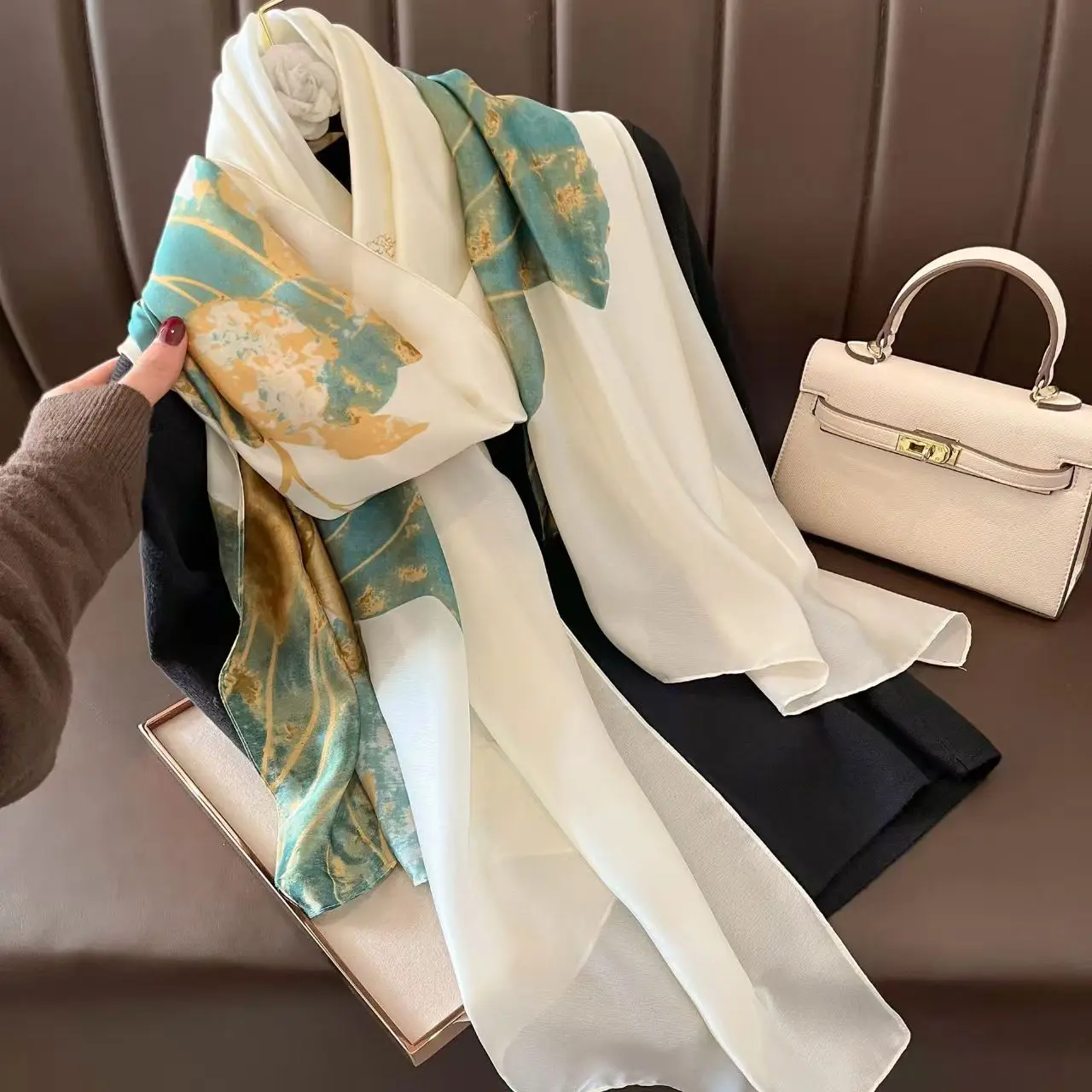 Cross border imitation silk scarf, long strip, new silk, travel silk scarf, high-end sense, fashionable sun protection silk scar