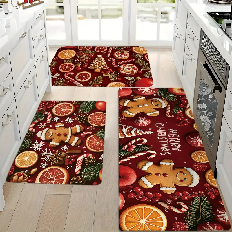 

Merry Christmas Gingerbread & Candy Cane Kitchen Rug Stain Resistant Doormat Carpet for Holiday Home Decor for Dining Room