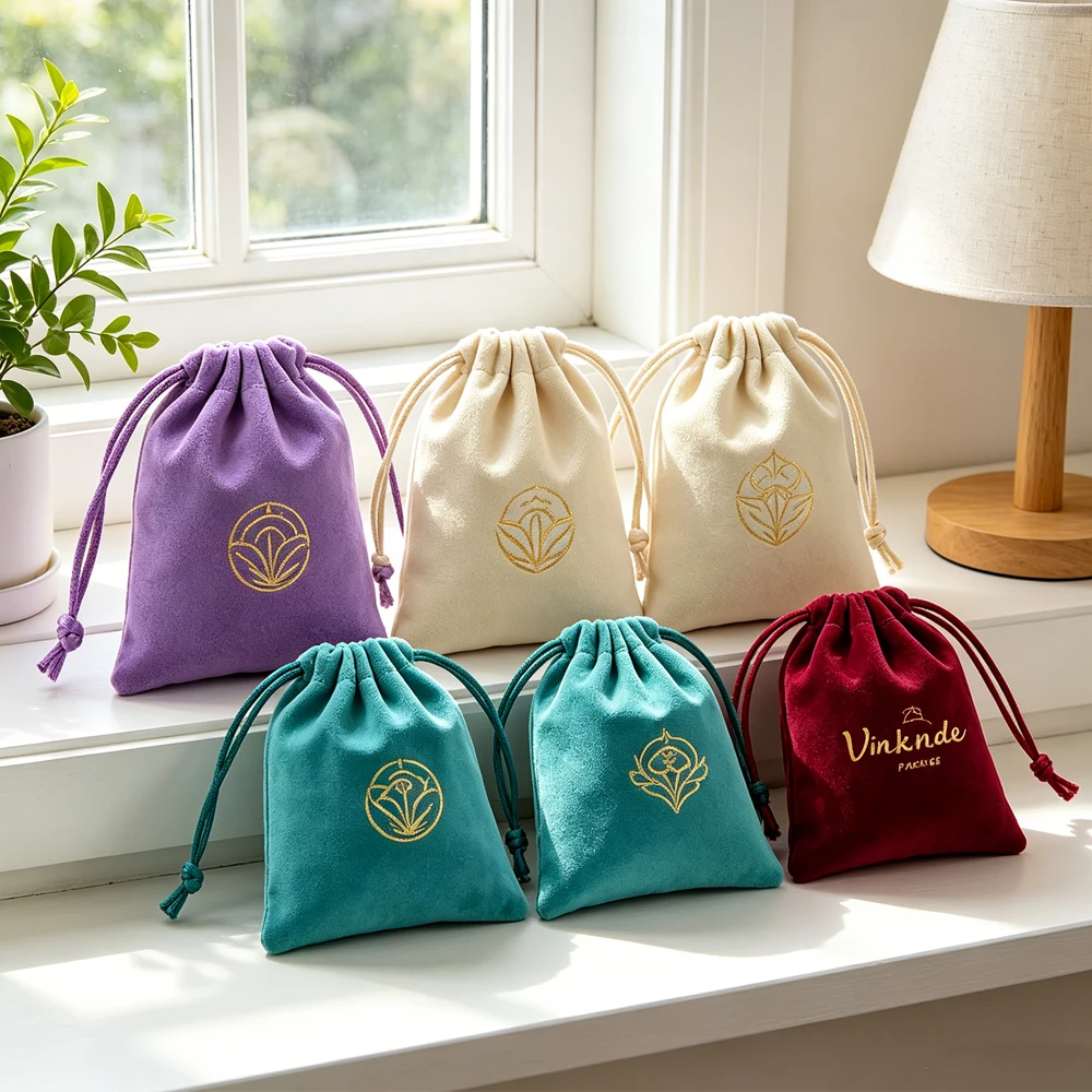 

100Pcs Custom Logo 7x9cm Flannel Jewelry Bag Velvet Drawstring Pouch Ring Earring Pendant Bracelet Key Storage Packaging Sack