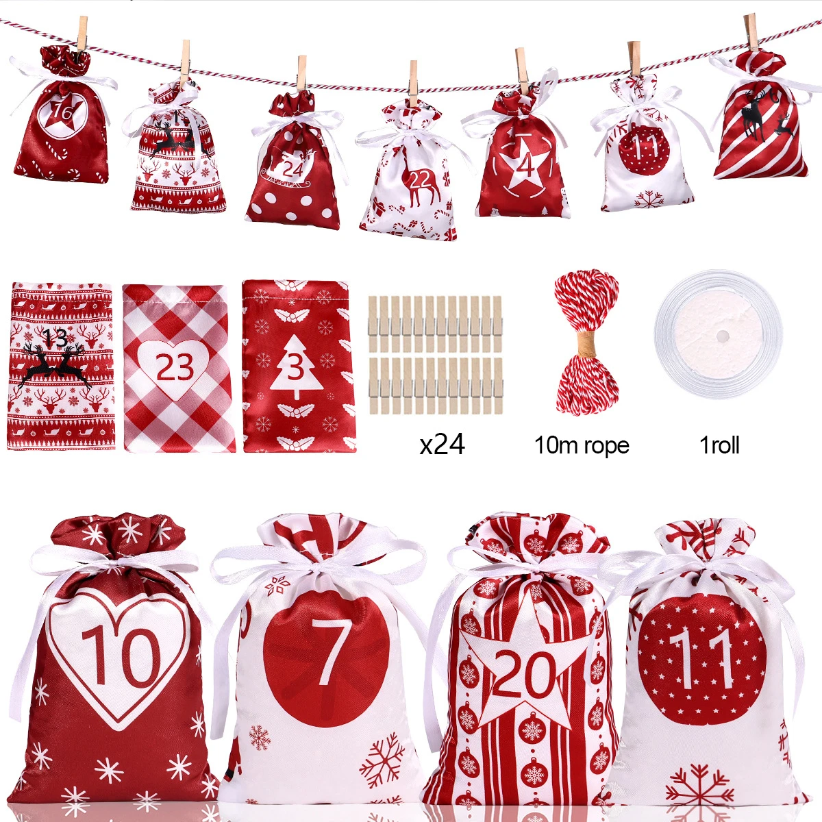 

24Days Christmas Advent Calendar Bag Xmas Gift Bags With Clips Wall Hanging Drawstring Bag 2023 Christmas Countdown Advent Bag