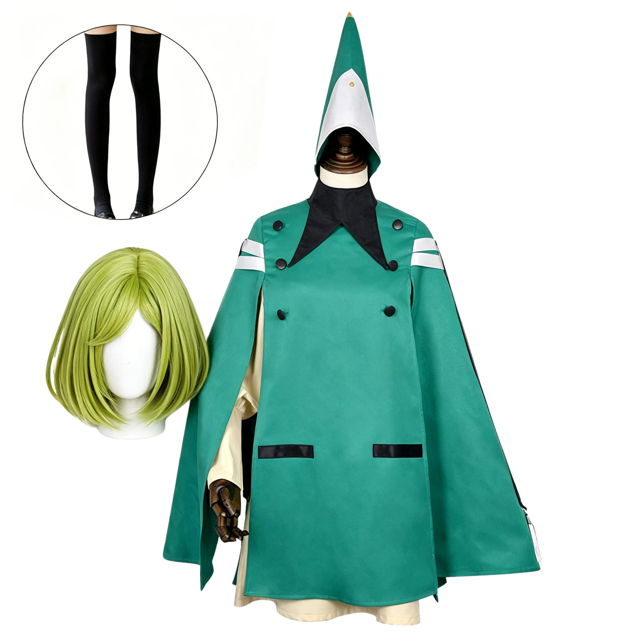 Disfraz de Cosplay de Coco de Witch Hat Atelier, Capa Verde, Vestido, Sombrero Puntiagudo, Calcetines, Pelucas de Anime para Conventos, Atuendo de Fiesta de Halloween para Mujer