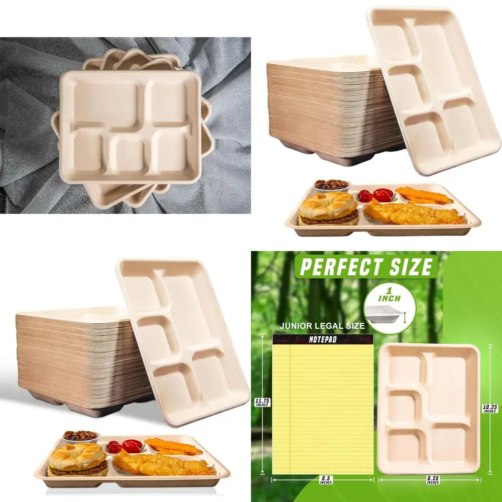 

Eco-Friendly 5-Section Heavy-Duty Disposable Plates, 10 x 8, Natural, 400-Pack for School Lunches