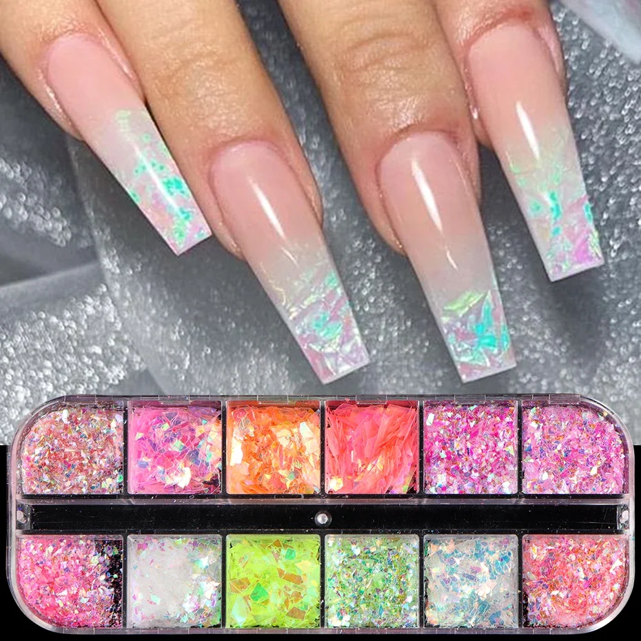 12 Gitter Aurora Chamäleon Nagelglitzerflocken Unregelmäßiges Kristallglas Paillettenpulver Glänzende Meerjungfrau Paillette Nail Art Dekoration