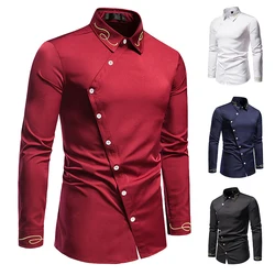 2024 Euro Size Men's Trendy Embroidered Asymmetric Long Sleeve Shirt Western Cowboy Shirt Men's High Quality Luxury Dress Shirt