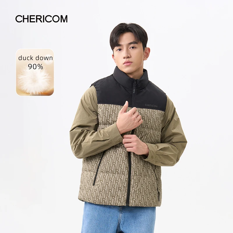 Chericom Men's New Lightweight Duck Padding Down Heated Coats Winter Stand Collar Puffer Jacket Print Colorblock Design Y309952N