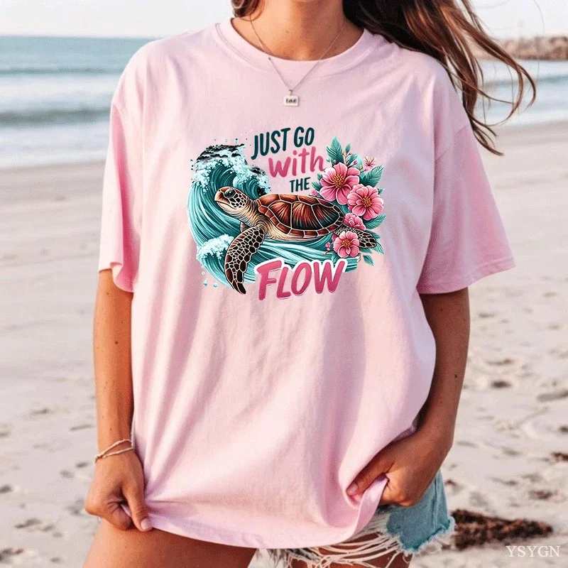 Harajuku Graphic Sea Turtle with Floral 100% Cotton Women's Retro Print T-Shirt Crew Neck Short Sleeve Top Vintage Shirt
