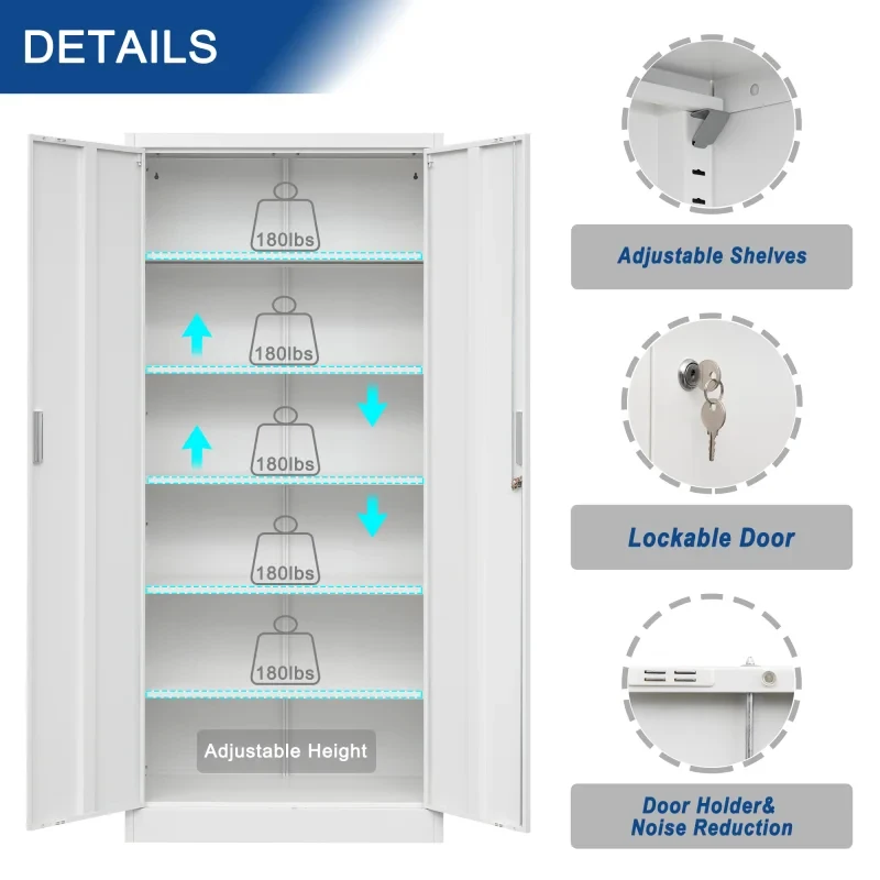 custom.2-Door Metal Filing Cabinet Modern 5-Tier Adjustable Shelves Foldable Storage Cupboard Lock School Workshop
